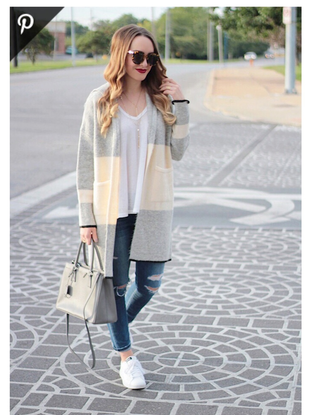 Topshop Gray and Cream Colorblock Open-Front Cardigan